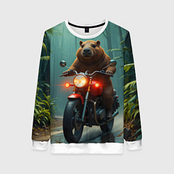 Женский свитшот Капибара на мотоцикле в джунглях