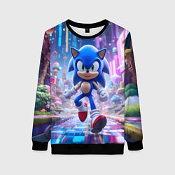 Свитшот женский Sonic в неоновом городе, цвет: 3D-черный