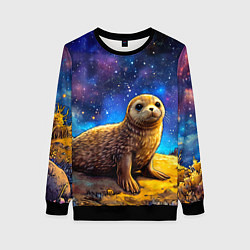 Свитшот женский Тюлень в космосе, цвет: 3D-черный