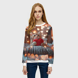 Свитшот женский Котик с сердечком на фоне боке, цвет: 3D-белый — фото 2