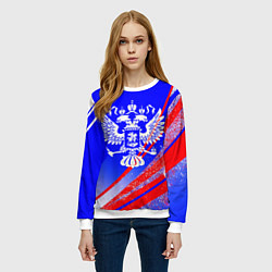 Свитшот женский Герб России на фоне цветов флага синий, цвет: 3D-белый — фото 2