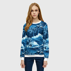 Свитшот женский Пальмы и волны - голубые оттенки паттерн, цвет: 3D-белый — фото 2