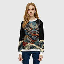 Свитшот женский Японский дракон и волны в стиле тату ирезуми, цвет: 3D-белый — фото 2