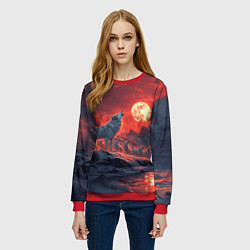 Свитшот женский Белый волк воет на луну, цвет: 3D-красный — фото 2