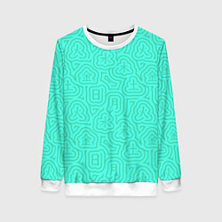 Свитшот женский Лабиринтовый паттерн с иероглифами на бирюзе, цвет: 3D-белый