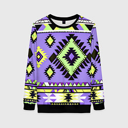 Свитшот женский Геометрический сиренево желтый орнамент ацтеков, цвет: 3D-черный