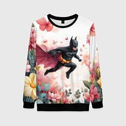 Женский свитшот Бэтмен прыгает над цветами и бабочками
