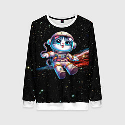 Свитшот женский Котёнок космонавт в открытом космосе, цвет: 3D-белый