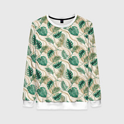 Свитшот женский Листья монстеры на мраморном фоне, цвет: 3D-белый