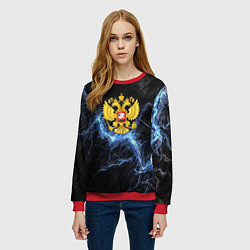 Свитшот женский Герб РФ на черной текстуре с синими потертостями, цвет: 3D-красный — фото 2