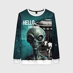 Свитшот женский Инопланетянин на фоне космоса и летающей тарелки, цвет: 3D-белый