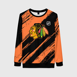 Свитшот женский Чикаго Блэкхокс - фон с оранжевыми потертостами, цвет: 3D-черный
