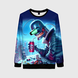 Свитшот женский Кибер Бендер пьёт лимонад - неоновое свечение, цвет: 3D-черный