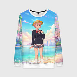 Свитшот женский Дандадан Сиратори Айра на берегу моря, цвет: 3D-белый