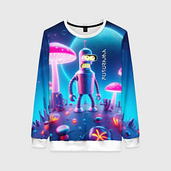 Свитшот женский Робот-сгибальщик Бендер и неоновые грибы, цвет: 3D-белый