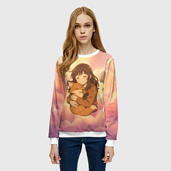 Свитшот женский Девочка обнимает лисичку, цвет: 3D-белый — фото 2