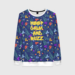 Свитшот женский Keep calm and buzz - пчелы и цветы, цвет: 3D-белый