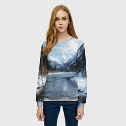 Свитшот женский Снежный горный пейзаж с елями и рекой, цвет: 3D-меланж — фото 2