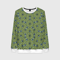 Свитшот женский Синие цветочные мотивы на зеленом, цвет: 3D-белый