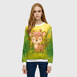 Свитшот женский Милый олененок на зеленом дворе, цвет: 3D-белый — фото 2