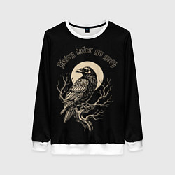 Свитшот женский Ворона сидит на ветке на фоне полной луны, цвет: 3D-белый