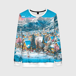 Свитшот женский Новогодняя деревушка в горах, цвет: 3D-белый