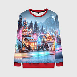 Свитшот женский Городок в новогодних огоньках, цвет: 3D-красный