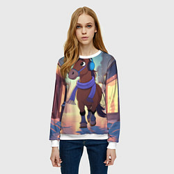 Свитшот женский Лошадка в шарфе и наушниках, цвет: 3D-белый — фото 2