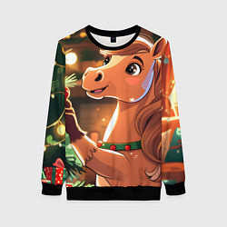 Свитшот женский Лошадка наряжает елку, цвет: 3D-черный