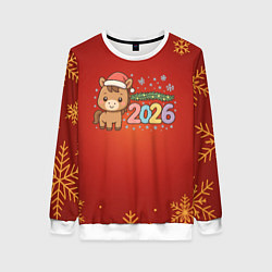 Женский свитшот Новогодняя лошадка 2026 на красном фоне