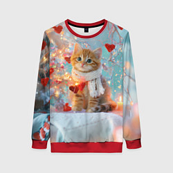 Женский свитшот Рыжий новогодний котенок с сердечком