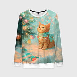 Женский свитшот Милый рыжий котенок любуется елкой