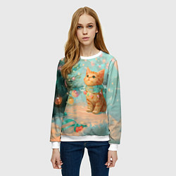 Свитшот женский Милый рыжий котенок любуется елкой, цвет: 3D-белый — фото 2