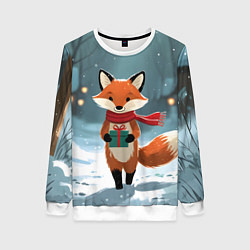 Свитшот женский Лисичка с подарком зимой, цвет: 3D-белый