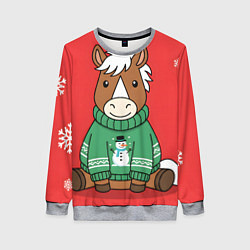 Женский свитшот Новогодняя лошадка в зеленом свитере