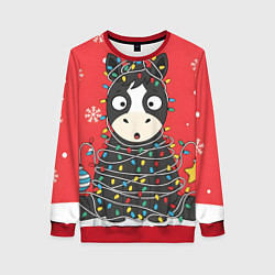 Свитшот женский Лошадка в новогодних огоньках, цвет: 3D-красный