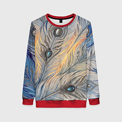 Свитшот женский Синие перья с самоцветами, цвет: 3D-красный