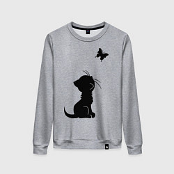 Свитшот хлопковый женский Котенок и бабочка, цвет: меланж