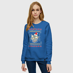 Свитшот хлопковый женский Рождественский свитер кашляющий кот, цвет: синий — фото 2
