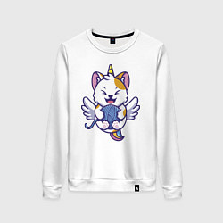 Свитшот хлопковый женский Кот - единорог и клубок, цвет: белый