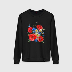 Свитшот хлопковый женский Летний букет мак василек ромашка цветы лето, цвет: черный