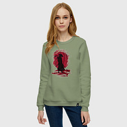Свитшот хлопковый женский Самурай и красная луна, цвет: авокадо — фото 2