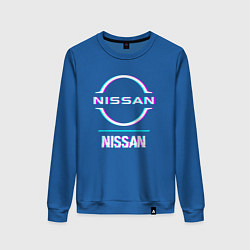 Свитшот хлопковый женский Значок Nissan в стиле glitch, цвет: синий