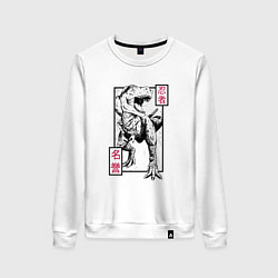 Свитшот хлопковый женский Динозавр Тирекс ниндзя в стиле Укиё Э, цвет: белый