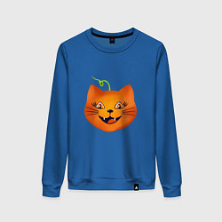Свитшот хлопковый женский Рыжий кот Джек похож на тыкву, Хэллоуин, цвет: синий