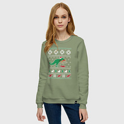 Свитшот хлопковый женский Новогодний тирекс - ugly sweater, цвет: авокадо — фото 2