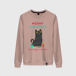 Свитшот хлопковый женский Meowy Christmas and a happy purr year, цвет: пыльно-розовый