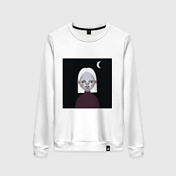 Свитшот хлопковый женский Девочка блондинка под месяцем на чёрном фоне, цвет: белый