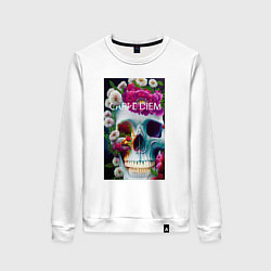Свитшот хлопковый женский Череп с цветами и радугой, цвет: белый