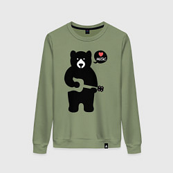 Свитшот хлопковый женский Мишка любит музыку, цвет: авокадо